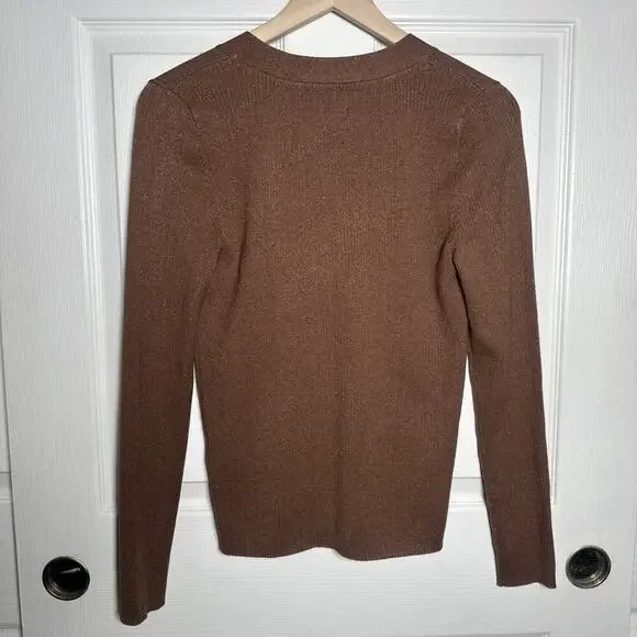 Maeve Thea Ribbed V-Neck Sweater Top Medium Honey Brown Metallic Anthropologie - Picture 3 of 9